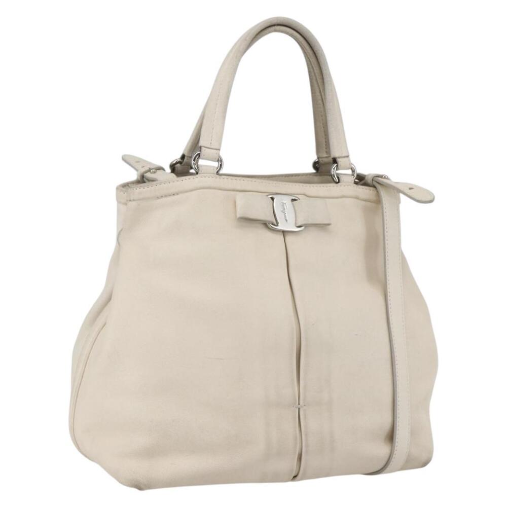 Salvatore Ferragamo Vala Hand Bag Leather 2way White Silver Auth 160697